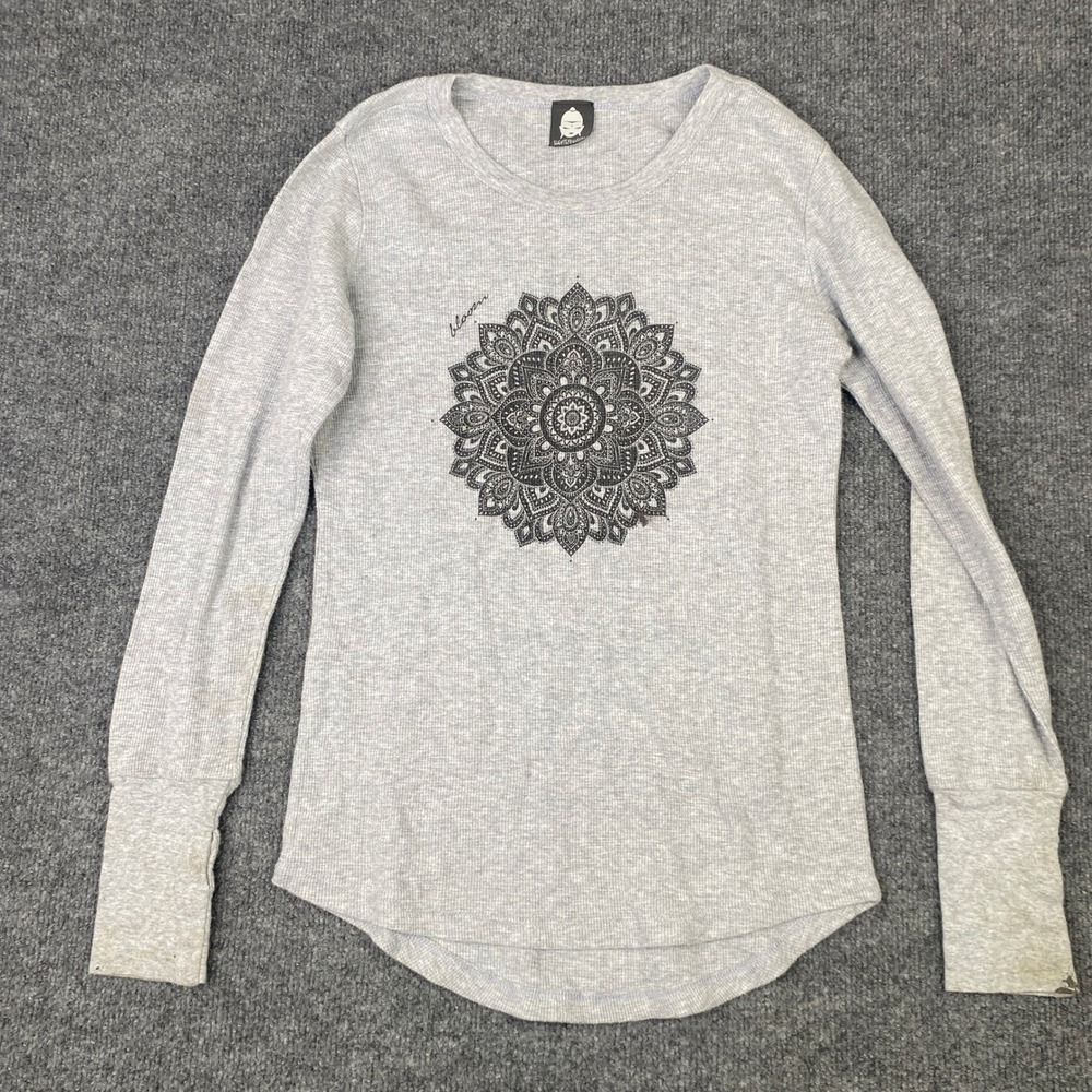Slightly Buddha Women Gray Mandala Bloom Waffle Knit Thermal Long Sleeve Top Y2K